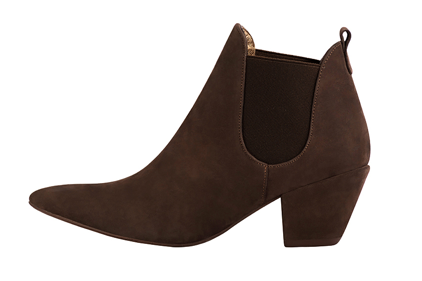 Women's dark brown elegant Chelsea ankle boots, with side elastics. Tapered toe. Medium cone heels - Profile view